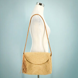 Mar Y Sol Straw Rattan Woven Leather Strap Tassel Vacation Shoulder Bag Purse